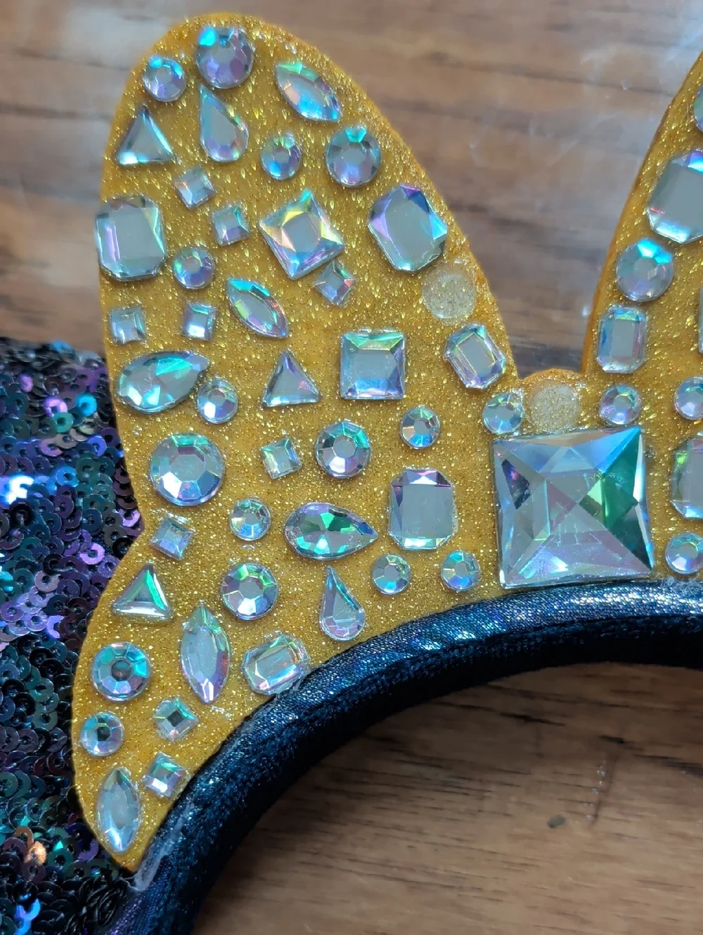 Disney 50th Anniversary Sequin Minnie Ear Headband with Gold Jeweled Bow